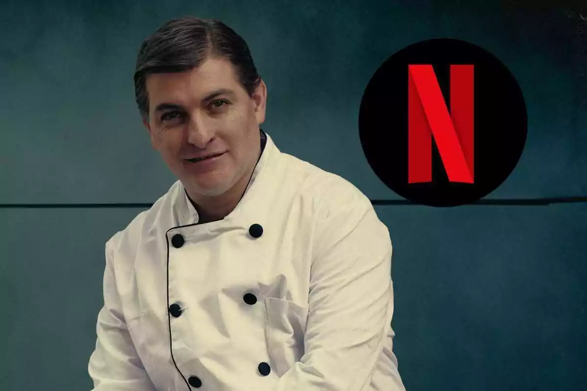 Montaje de una fotografía de El Rey del Cachopo con el logo de Netflix