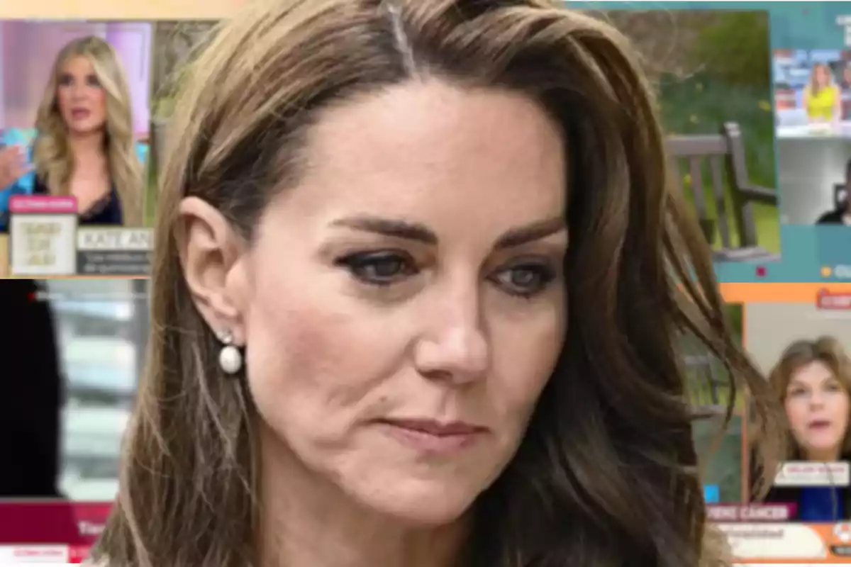 Montaje de Kate Middleton, con rostro serio, y de fondo diferentes capturas de pantalla de programas de televisión españoles