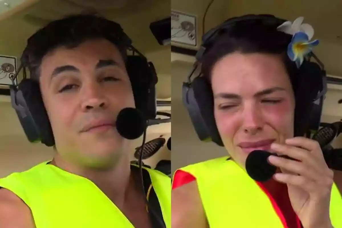 Montaje de Kiko Jiménez y Laura Matamoros emocionados en el helicóptero de Supervivientes