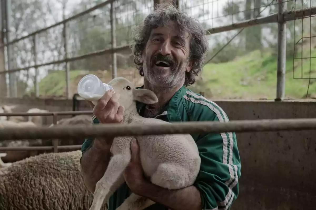 Fotografía de Luis Zahera con una oveja como protagonista de Animal Salvaje de Netflix