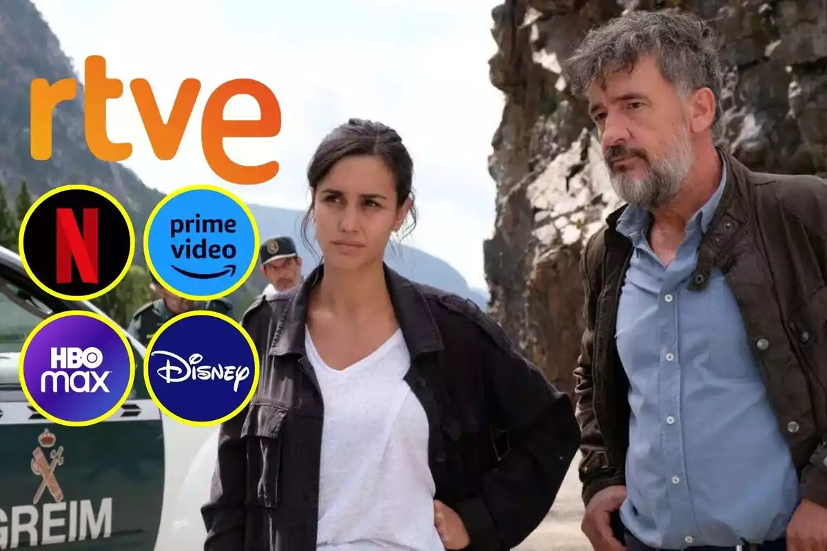 Montaje de una fotografía de la serie La Caza con Megan Montaner y Francis Lorenzo con los logos de RTVE, Netflix, Prime VIdeo, HBO Max y Disney