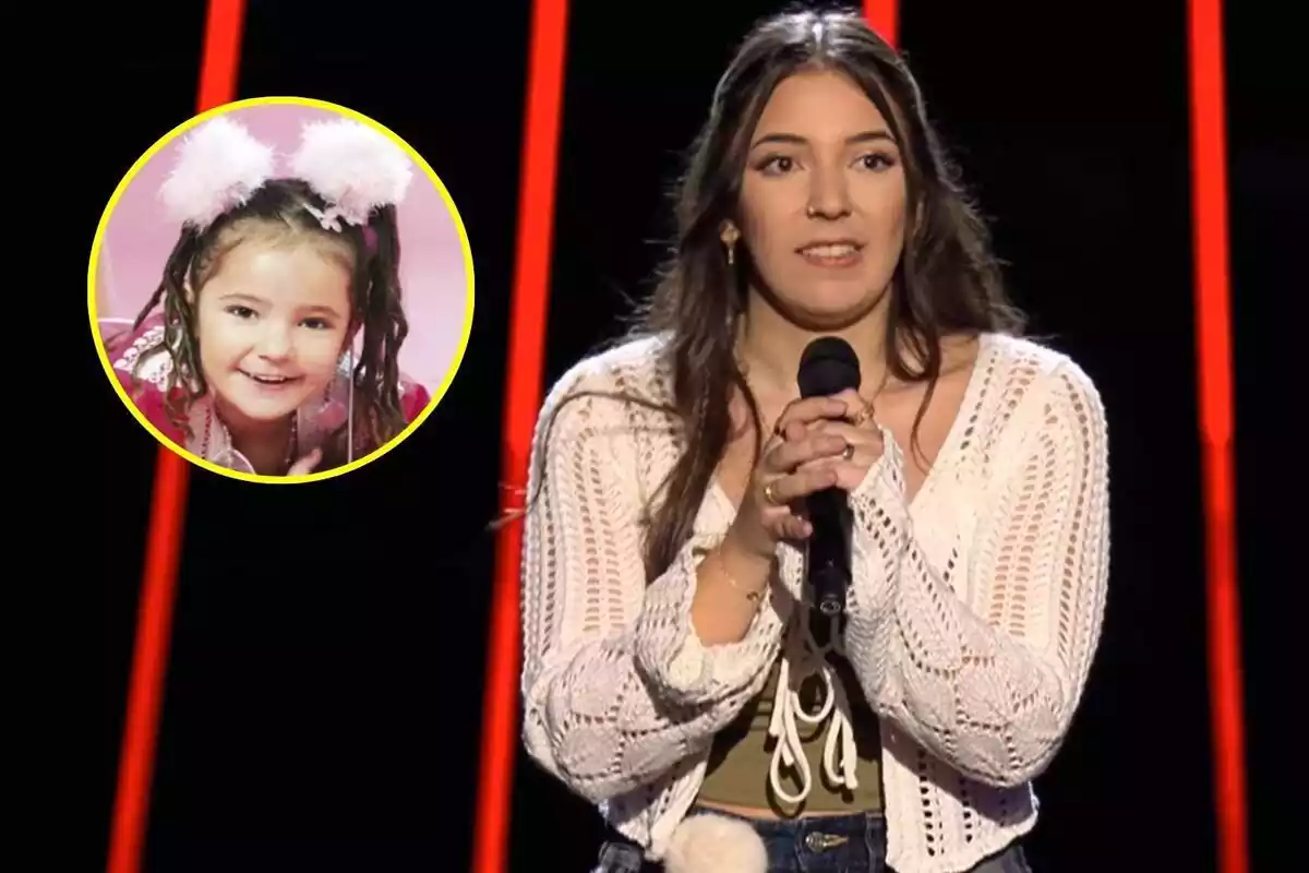Montaje María Figueroa en Factor X con una foto suya de niña