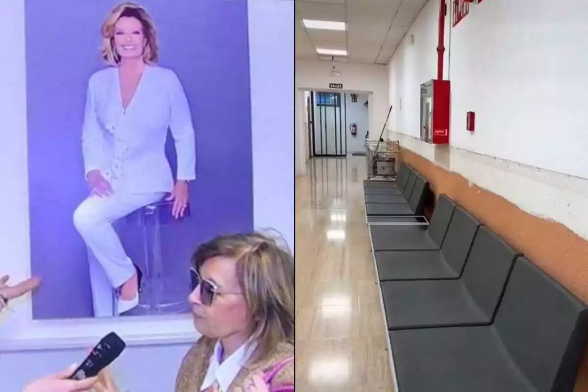 Montaje del cuadro de María Teresa Campos en el pasillo de Mediaset con una fotografía de todo quitado