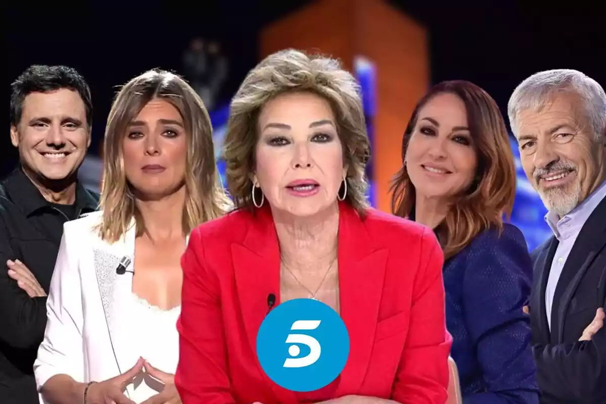 Montaje de presentadores de Telecinco: Ana Rosa Quintana, Sandra Barneda, Beatriz Archidona, Ion Aramendi y Carlos Sobera