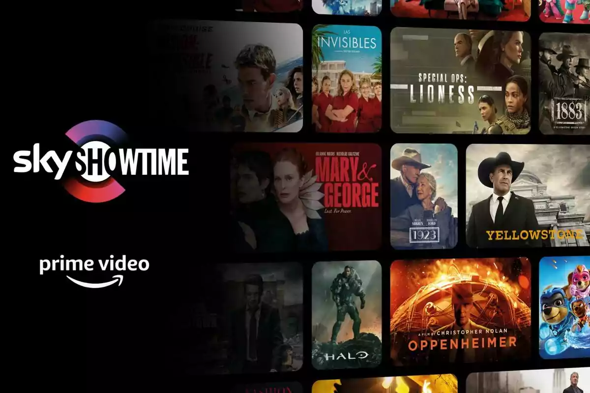 Imagen que muestra los logotipos de SkyShowtime y Prime Video junto a una selección de carátulas de series y películas disponibles en estas plataformas de streaming.